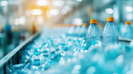 Industrial scene of plastic bottles on a production line in a factory setting.
