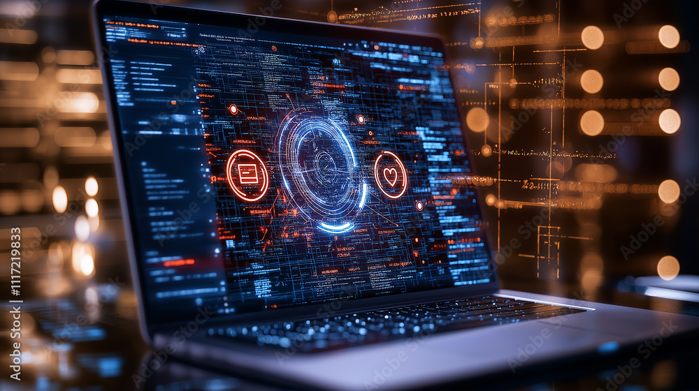 Poster cinematic 8K view of laptop displaying AI algorithm with data visualizations, showcasing technology and innovation in digital environment