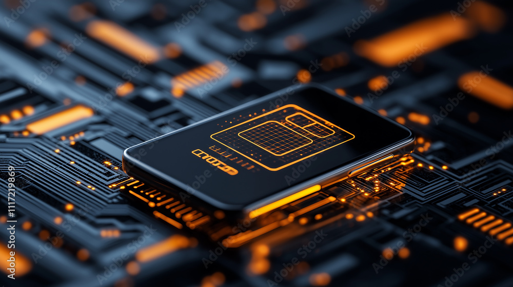 Poster conceptual illustration of smartphone on circuit board, showcasing blockchain technology with glowin