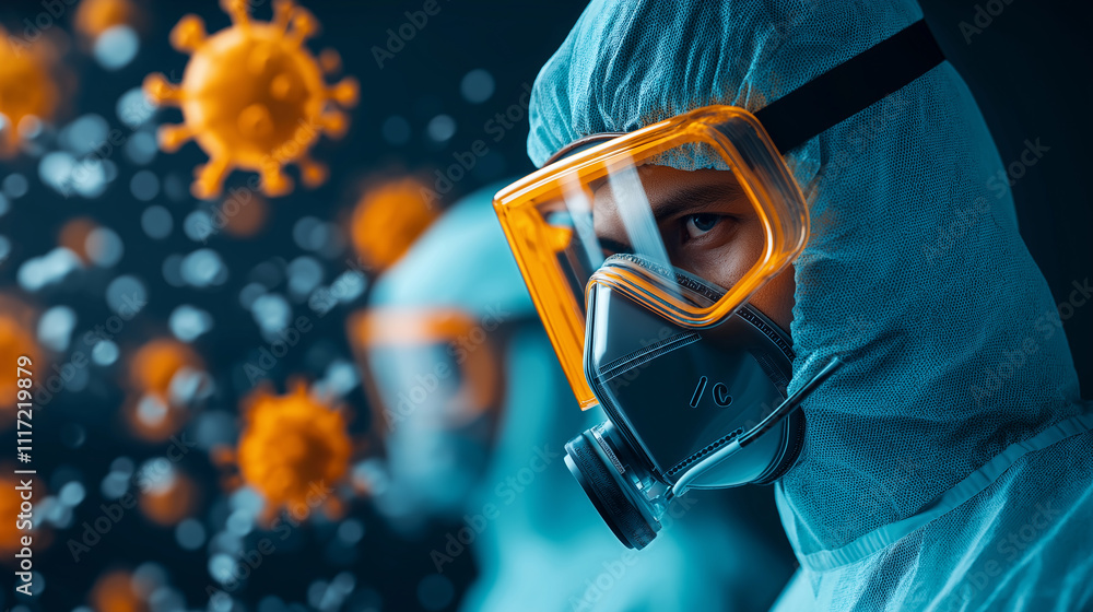 Poster scientists in protective gear studying viruses in lab environment, showcasing advanced research and 