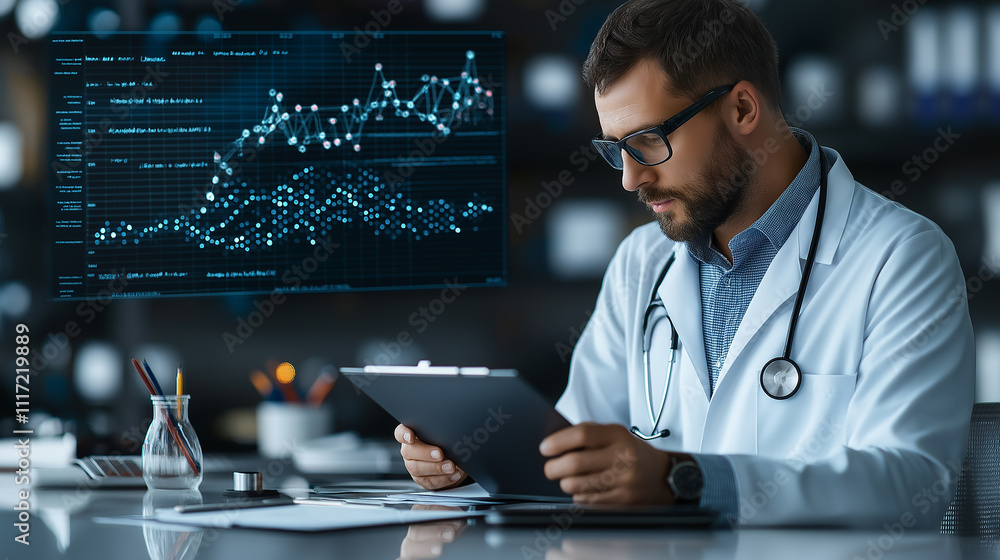 Aufkleber scientist analyzing data on tablet in modern laboratory setting, showcasing advanced technology and 