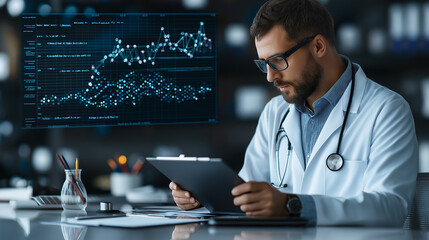 Scientist analyzing data on tablet in modern laboratory setting, showcasing advanced technology and research. atmosphere is focused and professional