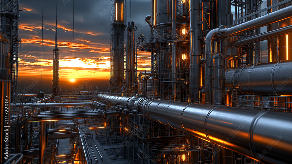Aufkleber detailed view of futuristic industrial landscape at sunset, showcasing intricate pipelines and struc