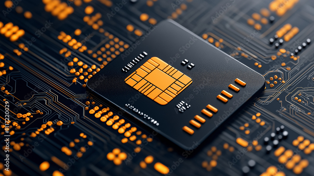 Fototapete close up view of futuristic microchip on circuit board, showcasing intricate patterns and vibrant or