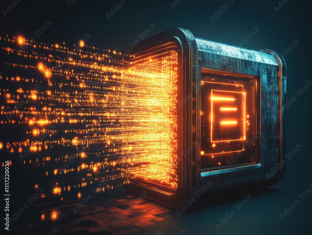 Poster dynamic concept of a metallic box emitting streams of light in a dark background, symbolizing data t