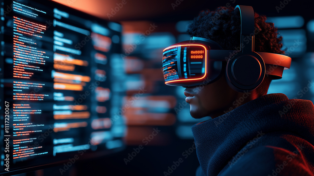 Poster futuristic depiction of person using virtual reality headset, immersed in educational vr system. vib