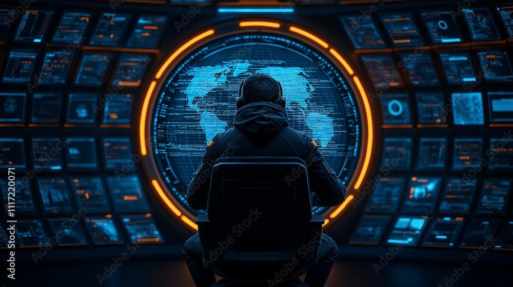 Poster person using futuristic VR system to analyze global data, surrounded by screens displaying maps and information. atmosphere is high tech and immersive