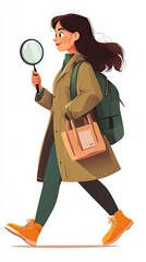 Young Woman Walking With Magnifying Glass And Bags