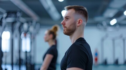 Fitness enthusiasts focusing on their workout routines in a gym environment, showcasing dedication and concentration with modern equipment in the background