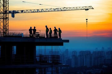 Silhouetted construction workers on a highrise building at sunset,crane in background. Illustrates teamwork, urban development, and construction industry progress.