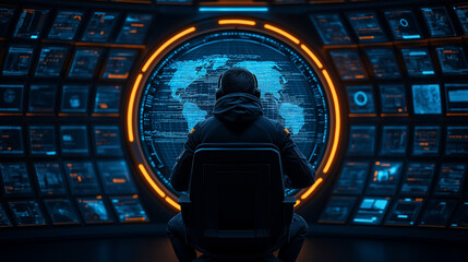 person using futuristic VR system to analyze global data, surrounded by screens displaying maps and information. atmosphere is high tech and immersive