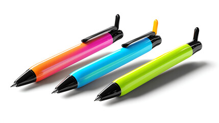 Three pens of different colors are shown on a white background