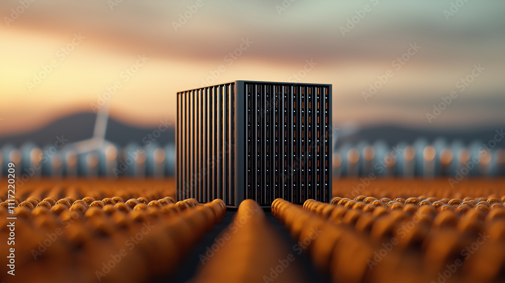 Poster high resolution image of data center surrounded by solar panels and wind turbines, showcasing renewa