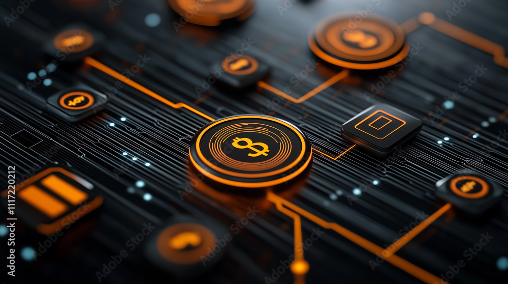 Leinwandbilder futuristic digital interface featuring interconnected blockchain symbols and icons, showcasing advanced technology and innovation in vibrant orange and black color scheme