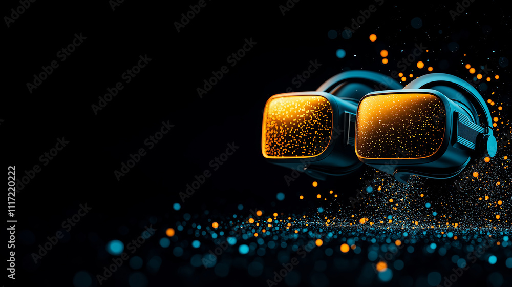 Poster high resolution image of virtual reality goggles with vibrant design, surrounded by colorful particles. This concept captures essence of immersive technology and innovation