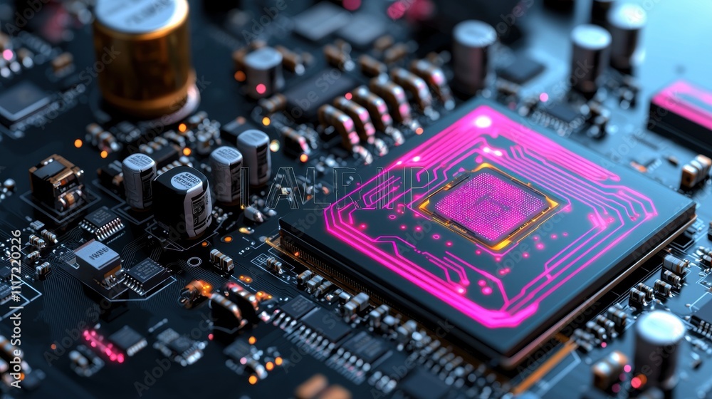 Poster intricate close-up of a modern microchip technology hub digital infrastructure industrial setting hi