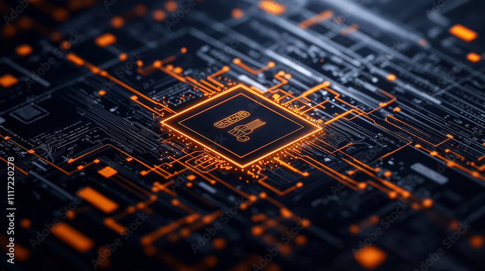 Leinwandbilder high resolution image of circuit board featuring glowing microchip, showcasing intricate electronic 