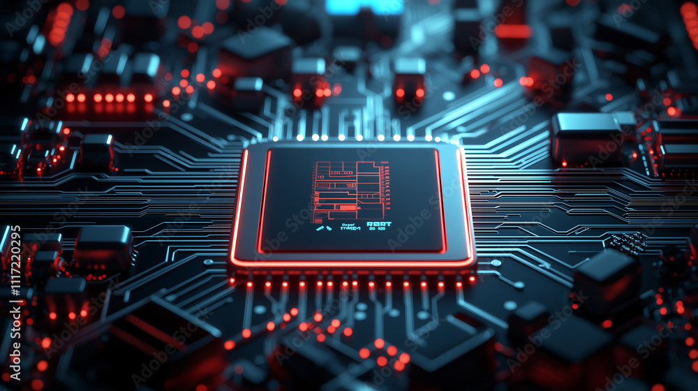 Fototapete high resolution image of futuristic microprocessor on circuit board, showcasing intricate details and glowing elements. vibrant colors create dynamic and technological atmosphere