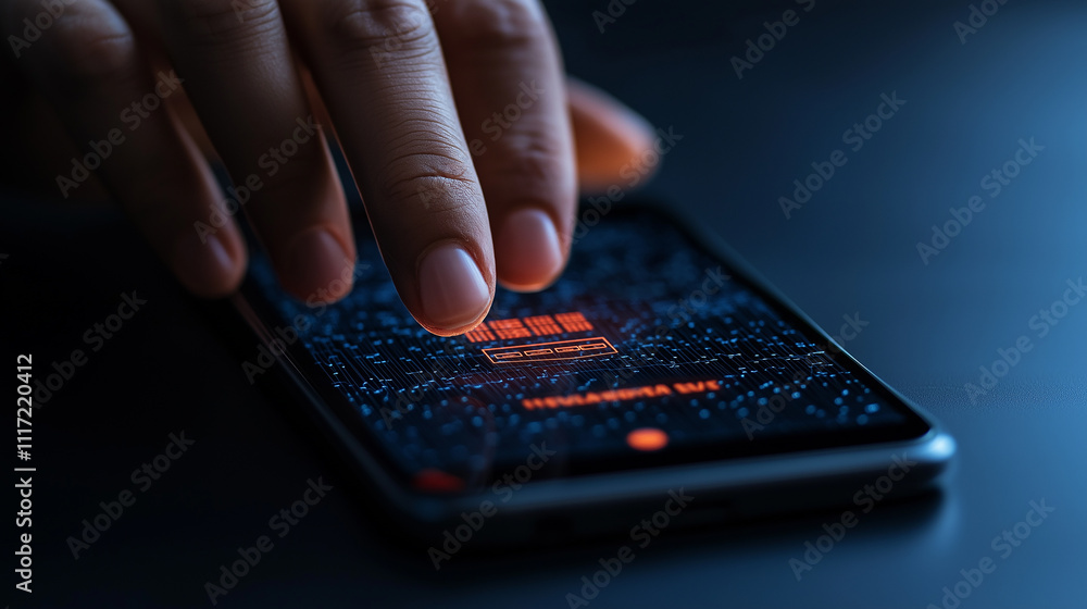 Leinwandbilder close up of hand interacting with secure mobile payment interface on smartphone, showcasing advanced technology and digital security features