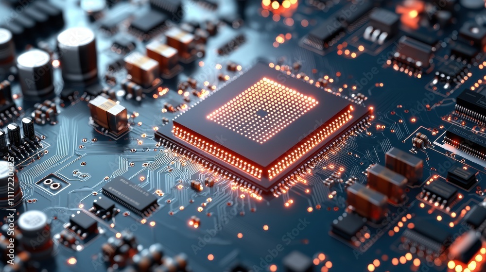 Poster exploring advanced technology circuit board design high-tech lab digital art innovative environment 