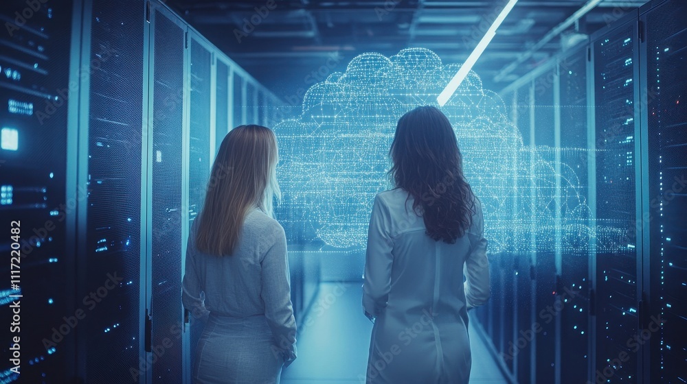 Aufkleber two women view a digital cloud in a server room. illustrates cloud computing and data storage soluti