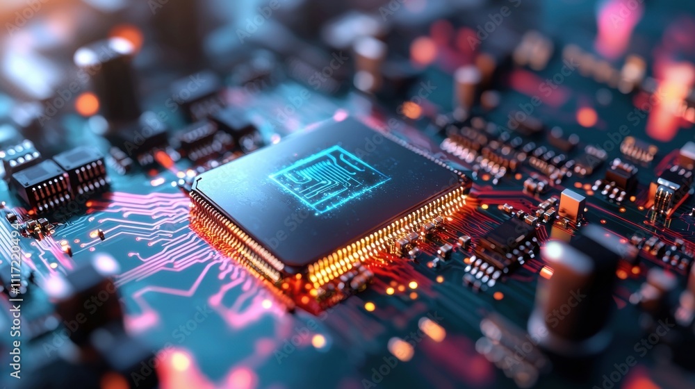 Poster advanced microchip technology electronics lab digital innovation industrial setting close-up view fu