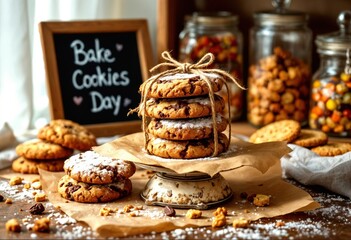 Obraz premium Stacked Homemade Chocolate Chip Cookies Tied with Rustic Twine on Vintage Cake Stand, Surrounded by Baking Ingredients, Jars of Candies, and 