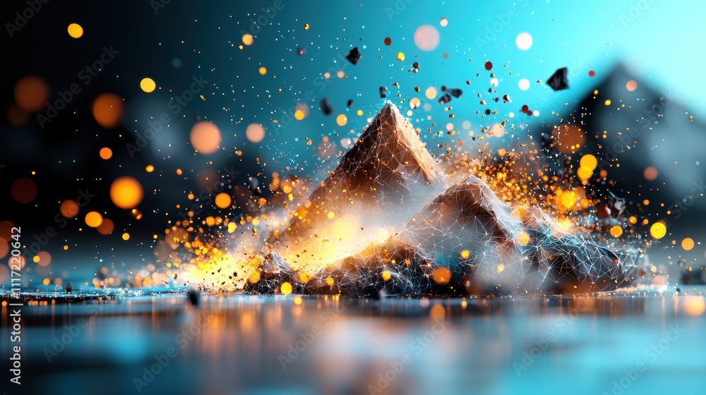 Poster explosive eruption of colorful particles around pyramid structures digital art abstract environment 