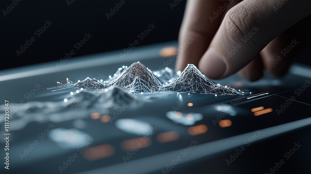 Poster hand interacting with digital interface displaying 3d data visualization of mountains, showcasing ad