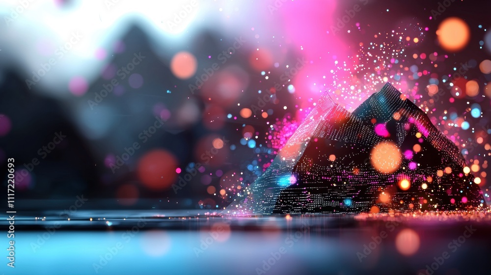 Poster vibrant particle explosion over a mountain peak digital art abstract design dynamic environment colo