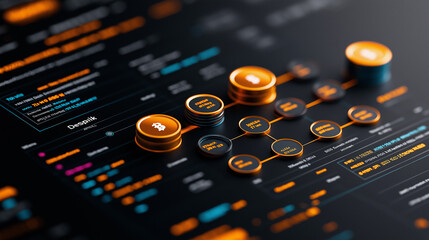 photorealistic 8K scene of decentralized finance, featuring digital currency icons, graphs, and data analytics on dark interface. vibrant orange and blue colors enhance modern tech aesthetic