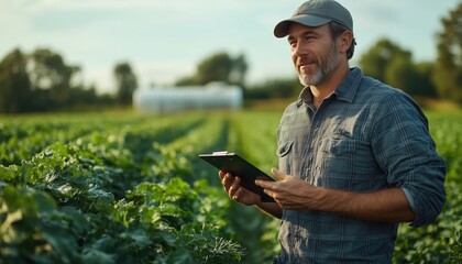 realistic scene of an agricultural researcher inspecting crops in a vast field