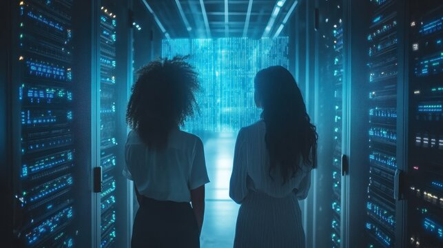 Two women stand in a server room, data streams glow behind them. Illustrates data analysis, tech support, or IT solutions.