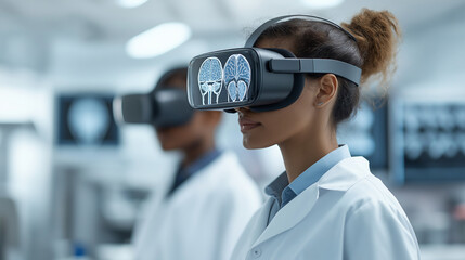 virtual biology lesson in lab setting, featuring two individuals wearing VR headsets. scene highlights advanced technology in education, showcasing focus on neuroscience