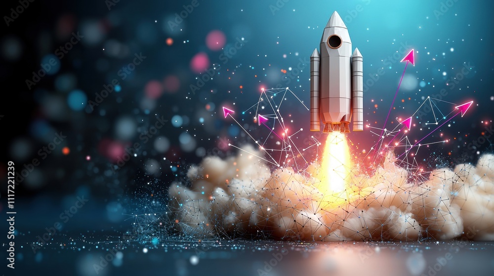 Poster rocket launch event outer space digital artwork futuristic environment dynamic viewpoint innovation 