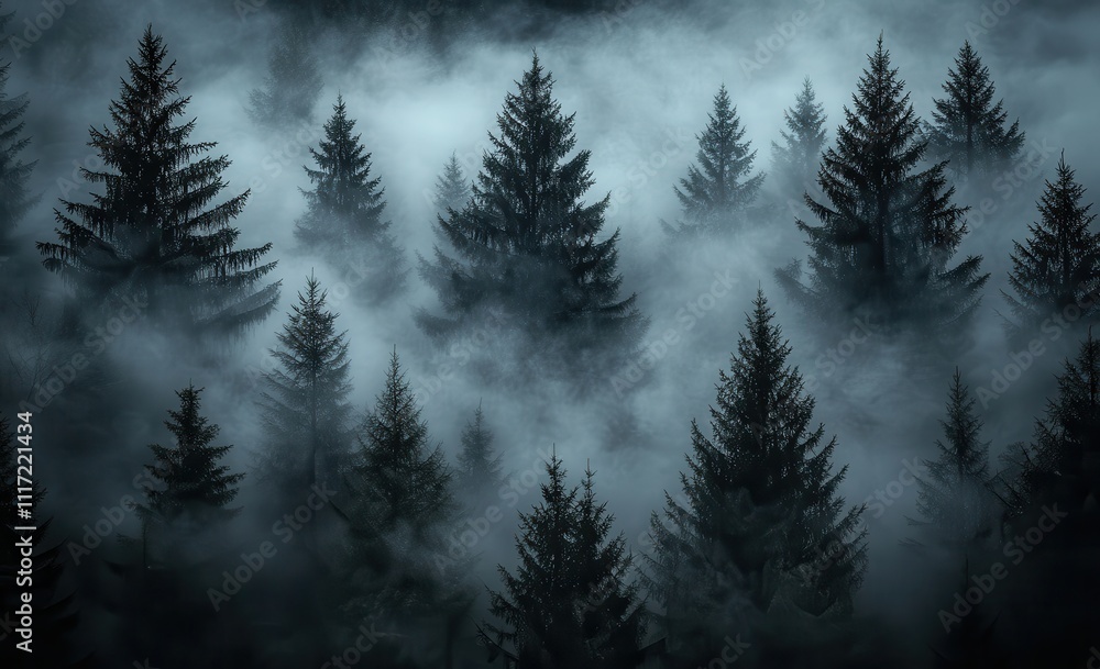 Poster enigmatic misty forest landscape with dense pine trees surrounded by fog creating a mysterious and a