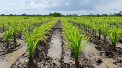 Fototapeta premium Lush green rice fields with plants growing in rows, reflecting agricultural practices.