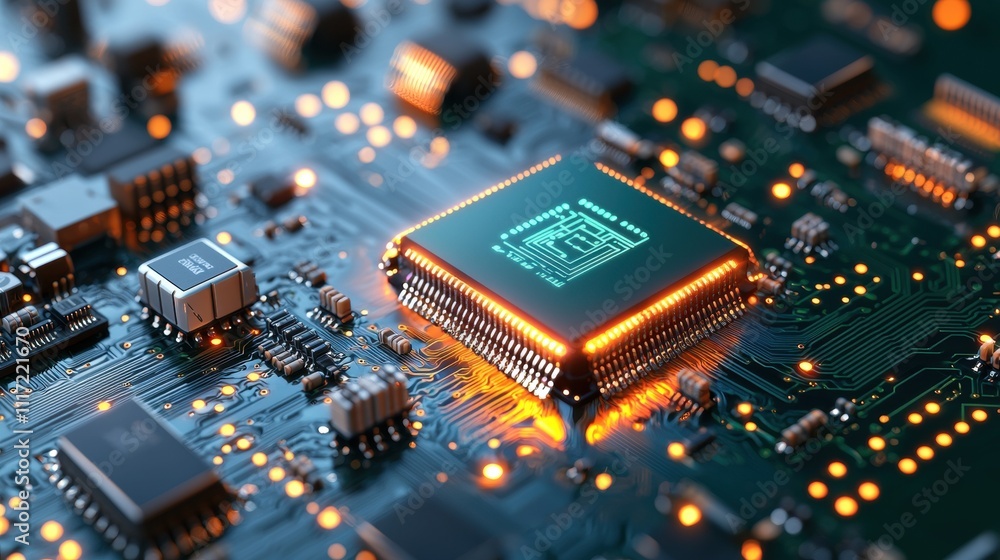 Poster exploring the future of technology microchip innovations in a high-tech laboratory environment