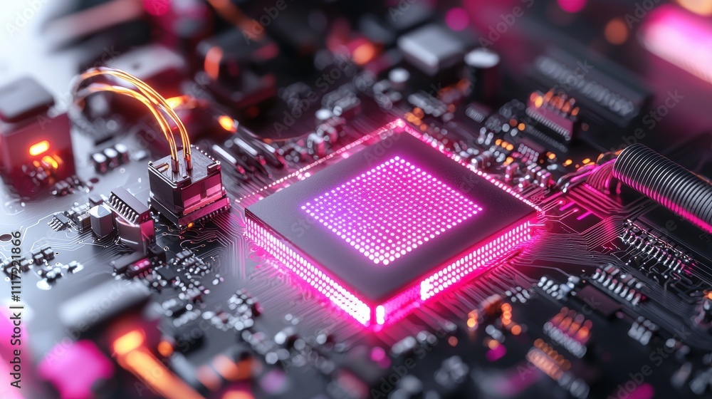 Poster exploring advanced technology digital circuitry electronics lab innovative design close-up view futu