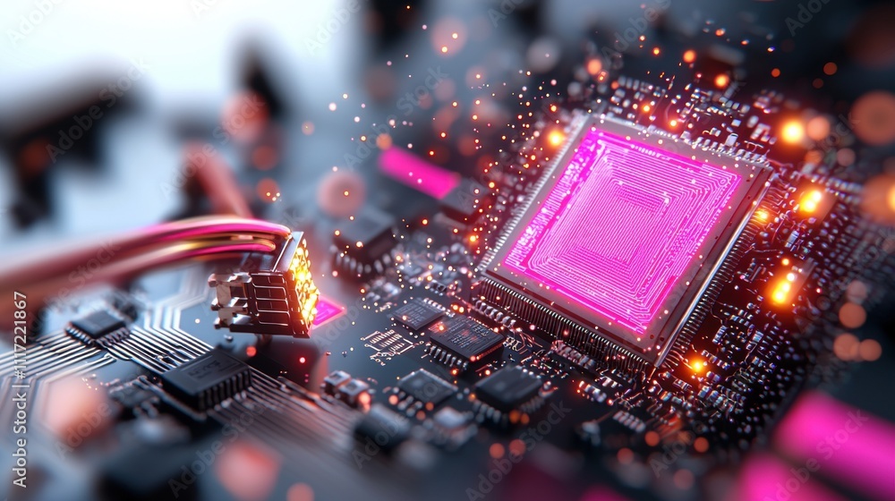 Poster tech innovations close-up of a microprocessor circuit board digital environment futuristic concept e