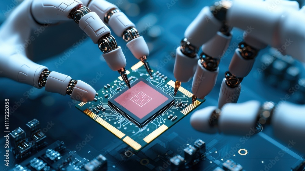 Poster robotic hands assembling microchip in technology lab futuristic setting close-up view innovation con
