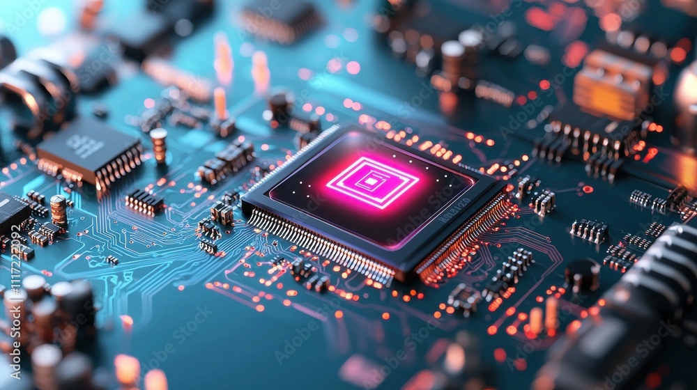 Poster innovative technology event featuring circuit board design and microchip innovation in a modern digi