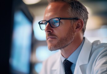 Fototapeta premium Focused medical professional analyzing data on computer screen, wearing glasses and white coat in modern healthcare setting, showcasing dedication and expertise in medicine