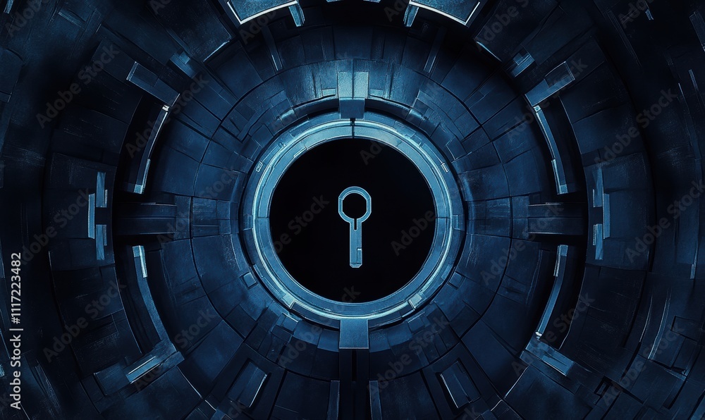 Poster futuristic circular keyhole design with technology-inspired elements set against a dark blue backgro