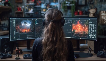 female game developer designing levels in a creative office