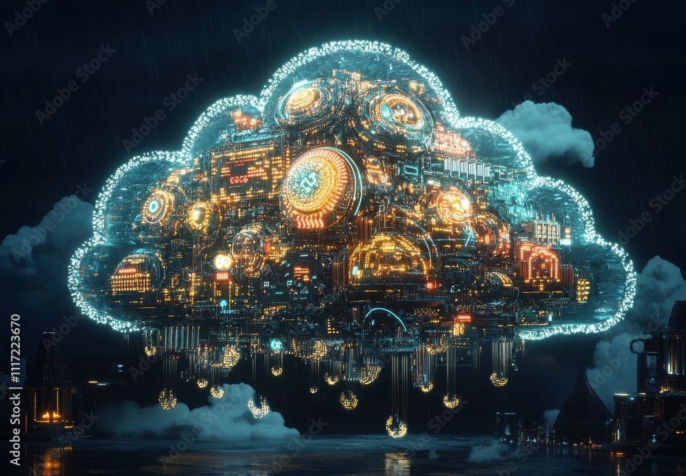 Poster futuristic cloud computing concept with neon lights and digital elements showcasing advanced technol