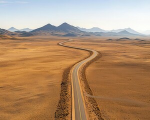 Wide highway road stretching through a desert landscape with mountains in the distance, Desert highway, Expansive, scenic, serene
