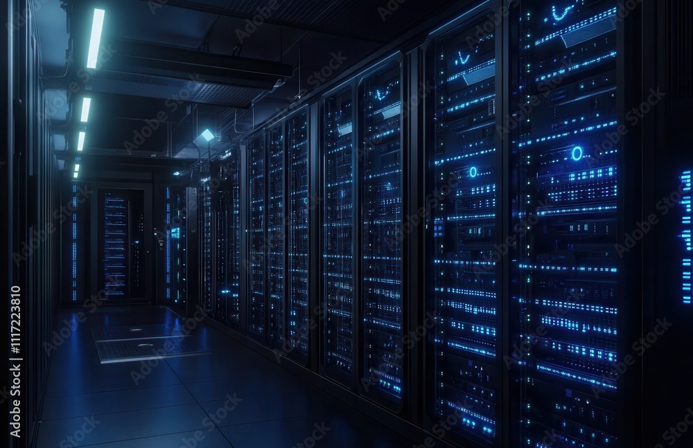 Poster futuristic data center corridor with illuminated server racks and cutting-edge technology for networ