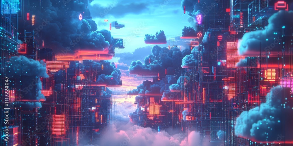 Aufkleber futuristic cloud computing cityscape digital infrastructure network data center servers technology