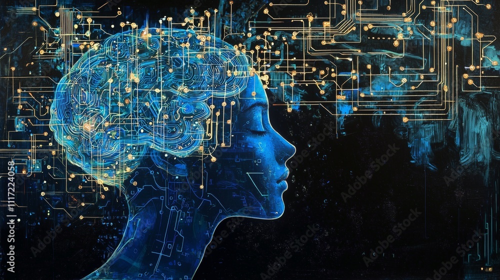 Poster surreal representation of an ai brain interacting with technology